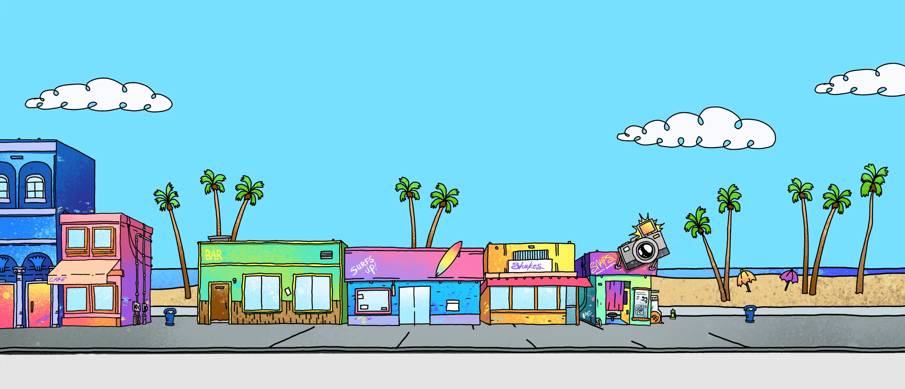 The SupDucks boardwalk: a strip of pastel storefronts, palm trees, and open beach.