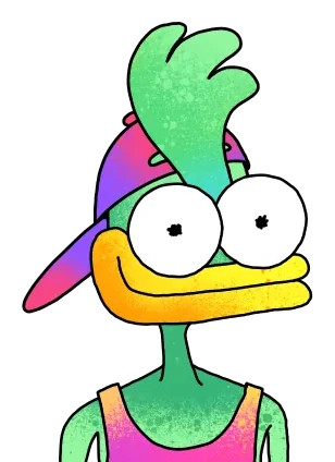 A SupDuck: a green duck in a backwards cap with a tuft of hair and a pink tank top.